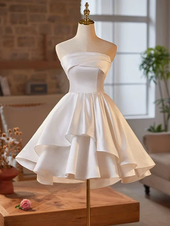 Simple Satin White Short Prom Dress, White Homecoming Dress - Deanwangkt