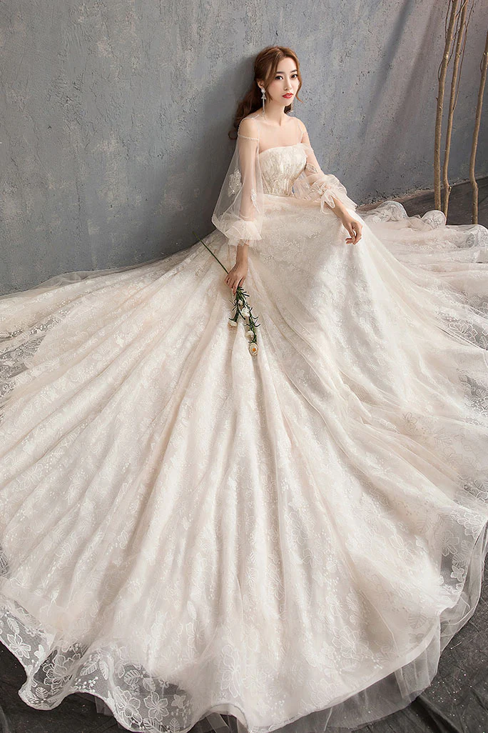 Unique Tulle Lace Long Wedding Dress, Tulle Lace Bridal Dress - Deanwangkt