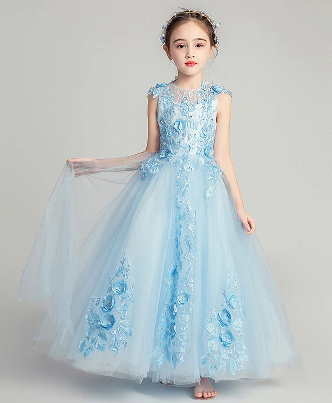 Blue Round Neck Tulle Lace Flower Girl Dress, Girl Fashion Dress - Deanwangkt