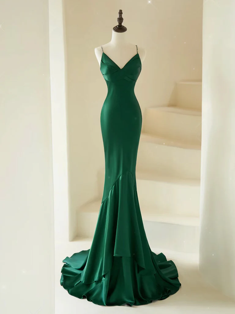 Mermaid V Neck Satin Green Long Prom Dress, Green Long Evening Dress - Deanwangkt