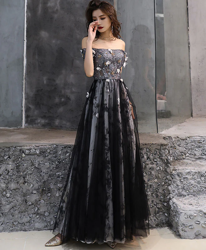 Black Tulle Lace Long Prom Dress, Black Tulle Evening Dress - Deanwangkt