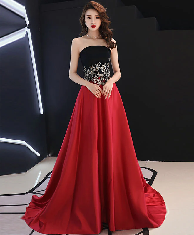 Burgundy Satin Lace Long Prom Dress, Burgundy Evening Dress - Deanwangkt