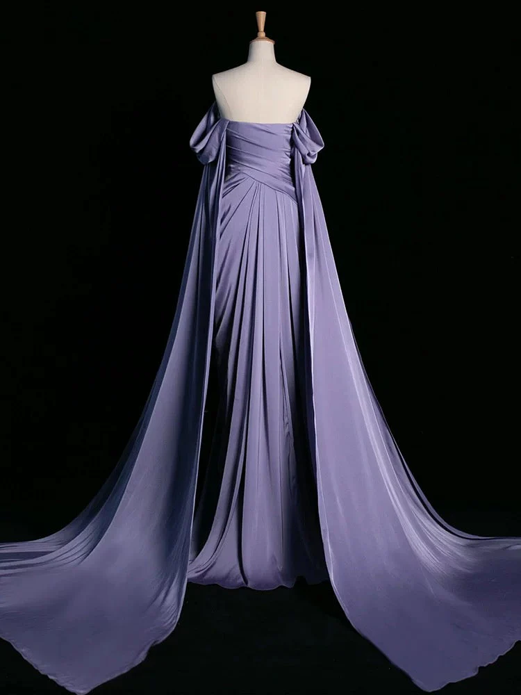 A-Line Off Shoulder Satin Purple Long Prom Dress, Purple Long Formal Dress - Deanwangkt