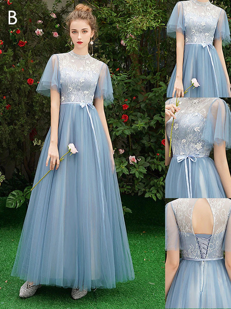 Simple A line Lace Blue Long Prom Dresses, Blue Lace Bridesmaid Dresses - Deanwangkt
