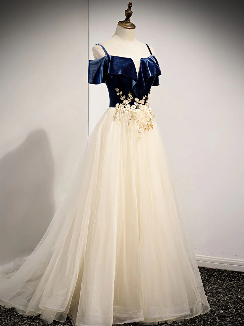 Champagne Tulle Lace Long Prom Dress, Champagne Evening Dress - Deanwangkt