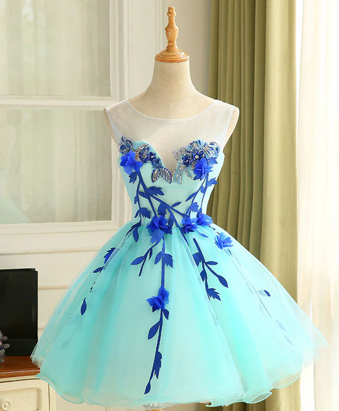 Cute A Line Blue Tulle Mini/Short Prom Dress, Blue Homecoming Dress - Deanwangkt