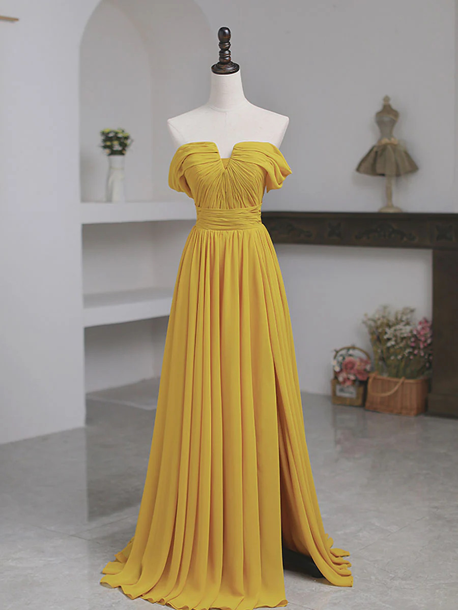 Simple Yellow Off Shoulder Long Prom Dress, Yellow Chiffon Graduation Dresses - Deanwangkt