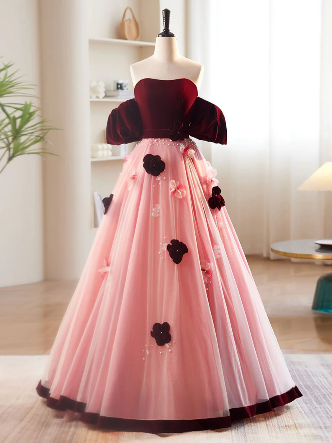 A-Line Burgundy/Pink Tulle Velvet Long Prom Dress, Burgundy Formal Dress - Deanwangkt