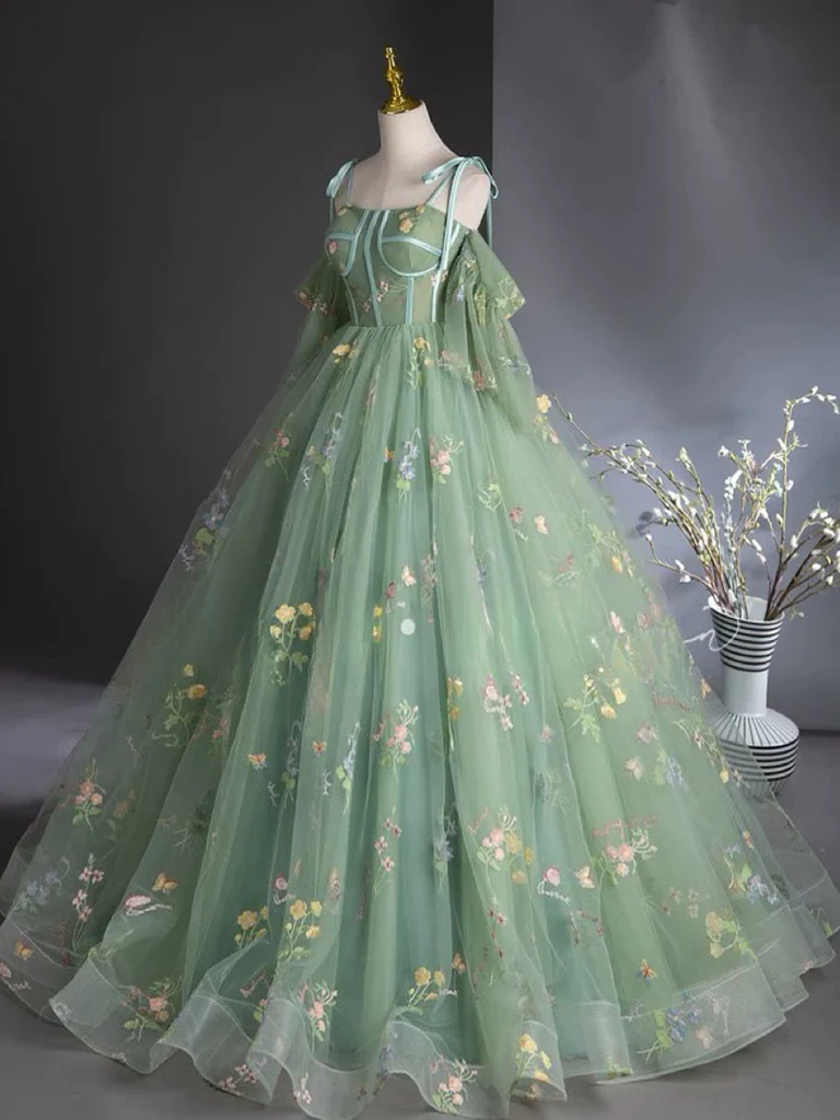 A-Line Sweetheart Neck Tulle Lace Green Long Prom Dress - Deanwangkt