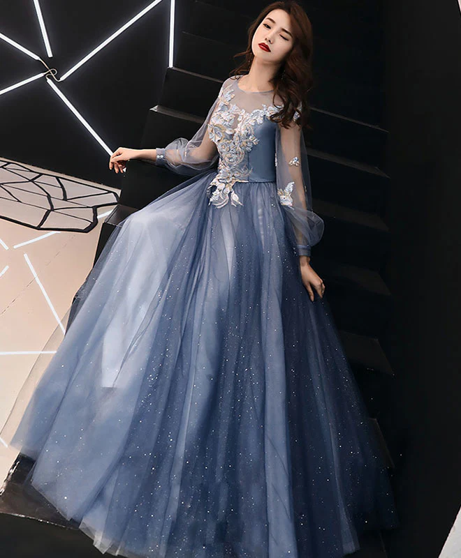 Blue Round Neck Tulle Lace Long Prom Dress Blue Formal Dress - Deanwangkt