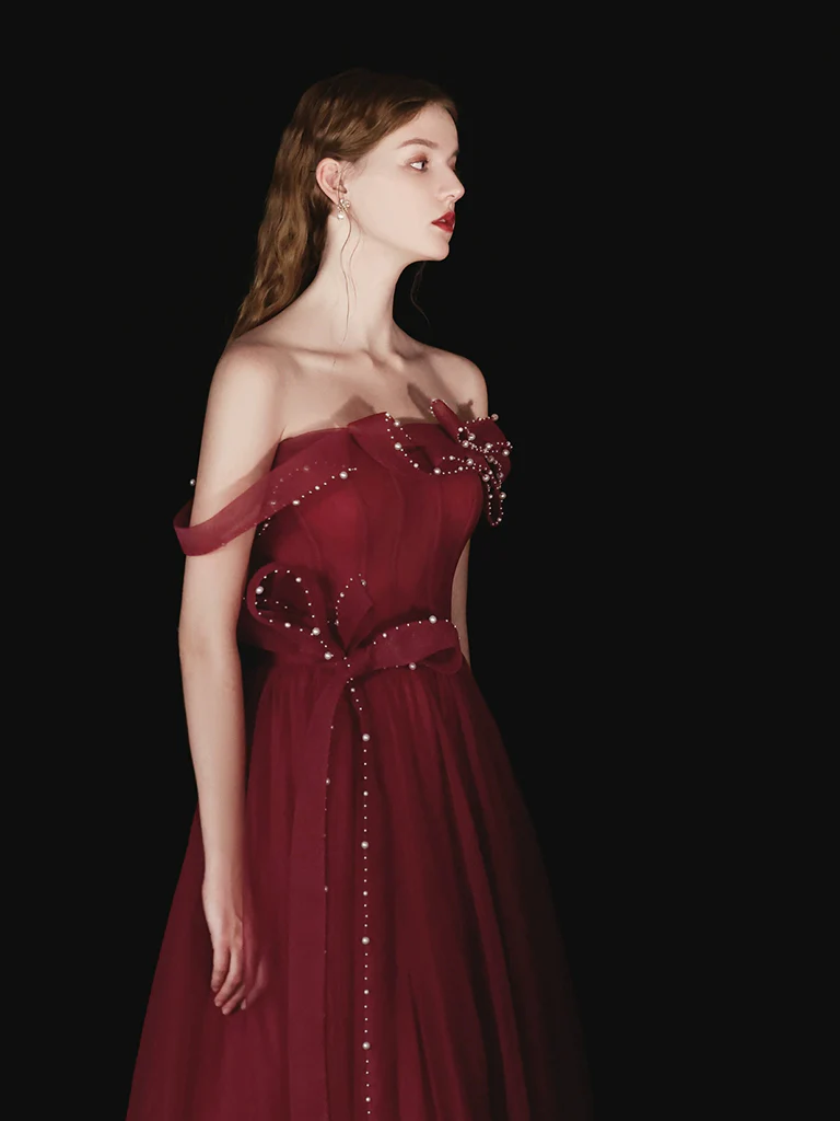 A-Line Tulle Beads Burgundy Long Prom Dress, Burgundy Long Evening Dress - Deanwangkt