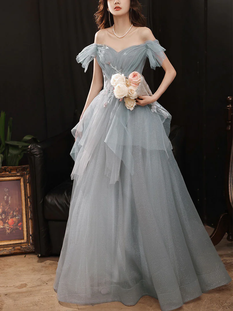Gray Blue Sweetheart Neck Tulle Long Prom Dress Gray Evening Dress - Deanwangkt