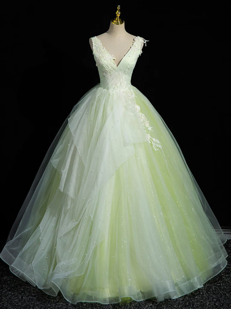 A-Line V Neck Lace Tulle Green Long Prom Dress, Green Sweet 16 Dress - Deanwangkt