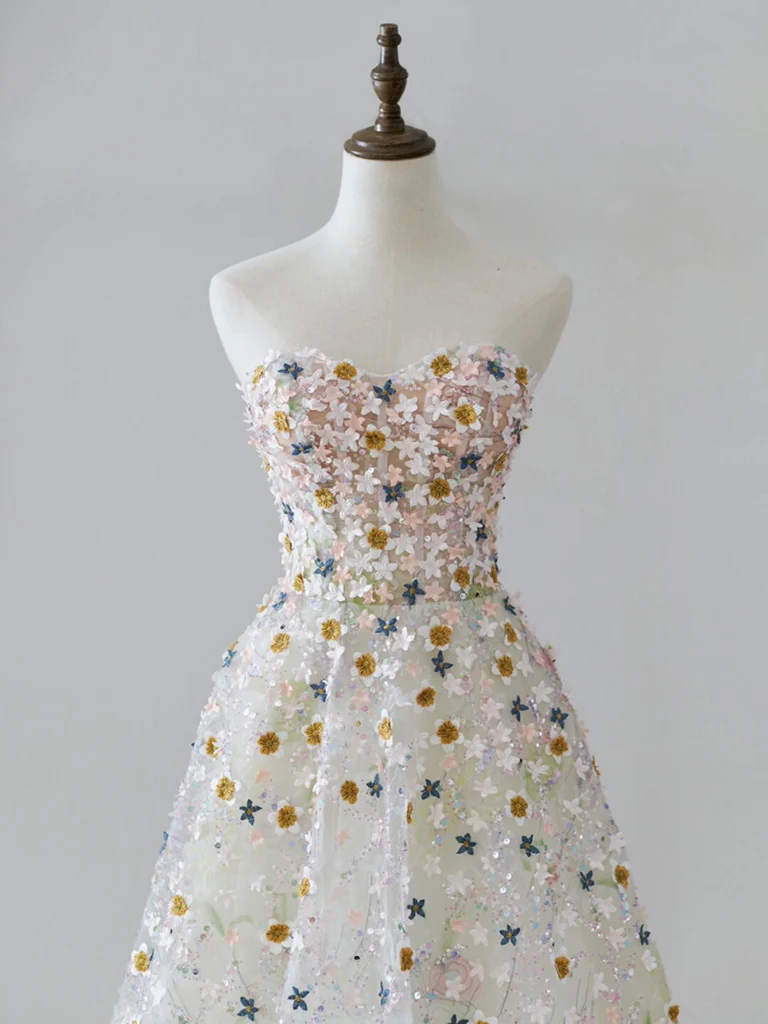 A-line Sweetheart Neck Tulle Lace Flower Beige Long Prom Dress, Beige Long Formal Dress - Deanwangkt