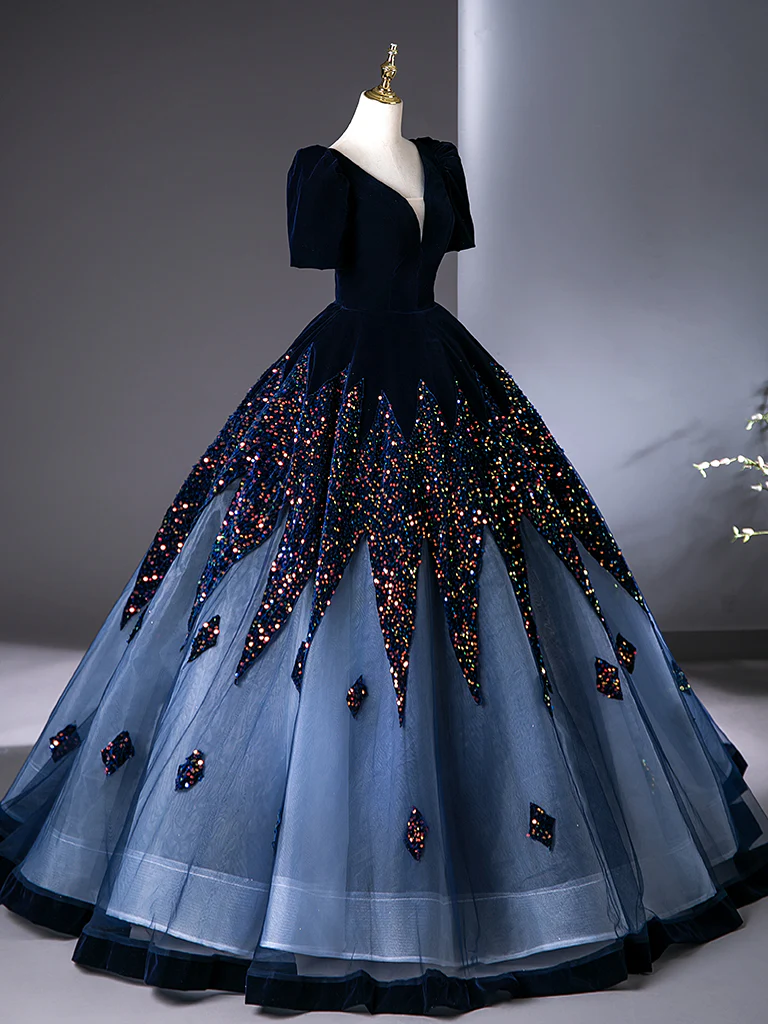 A-Line V Neck Velvet Tulle Dark Blue Long Prom Dress, Dark Blue Long Evening Dress - Deanwangkt