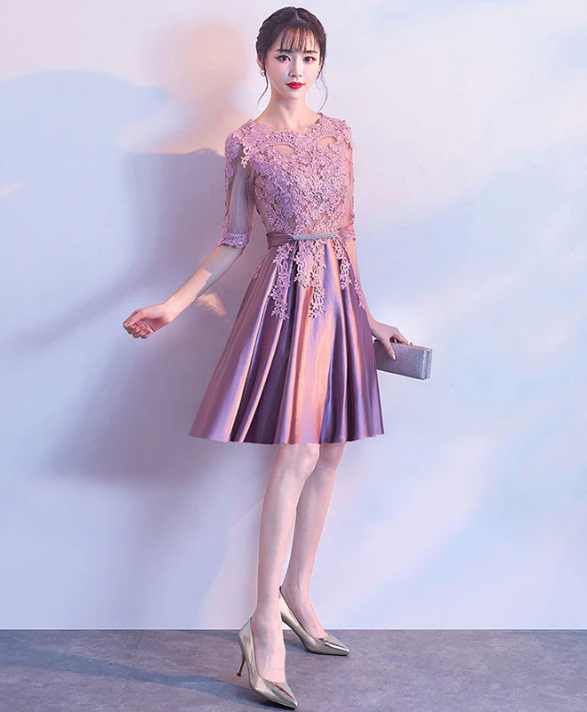 Cute Round Neck Satin Lace Short Prom Dress Lace Homecoming Dress - Deanwangkt