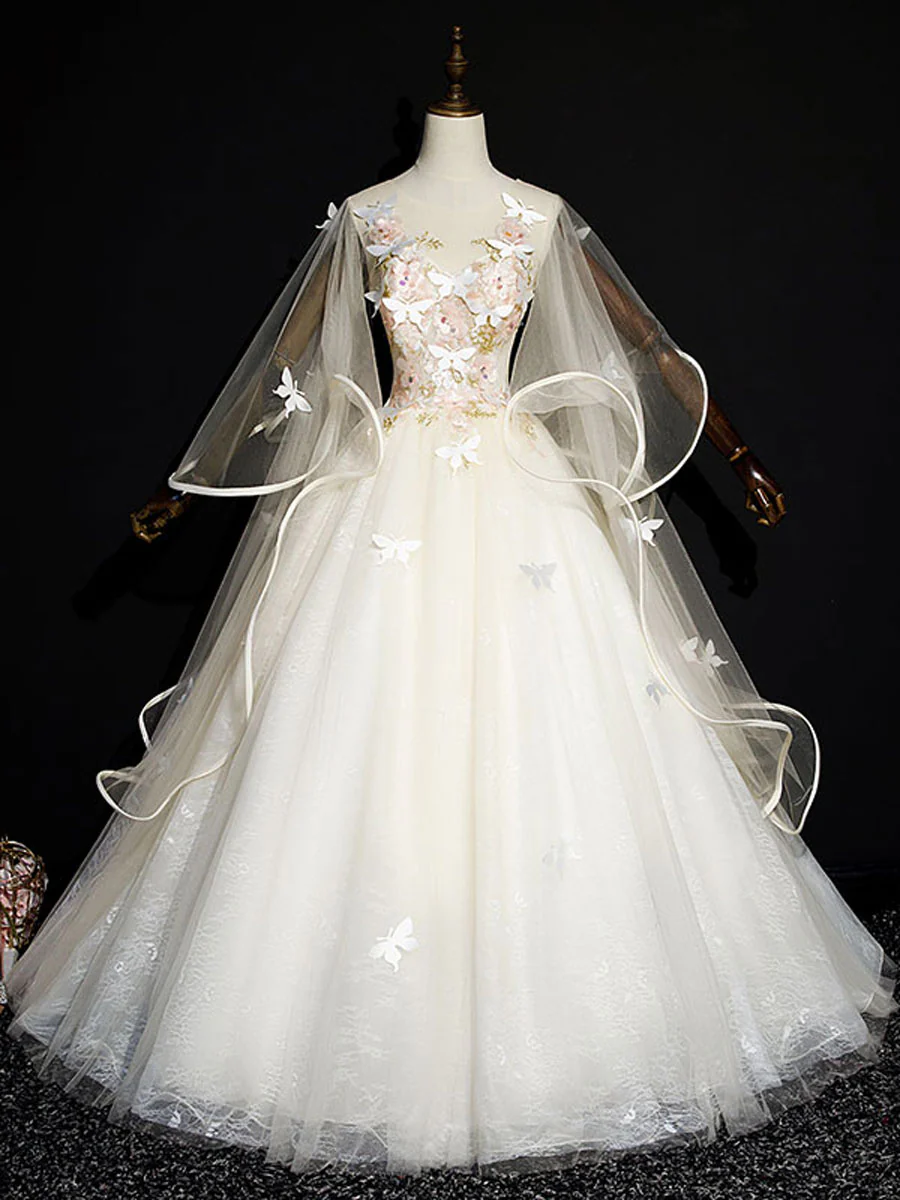 Light Champagne Long Prom Dresses, Champagne Tulle Formal Gown Sweet 16 Dresses - Deanwangkt