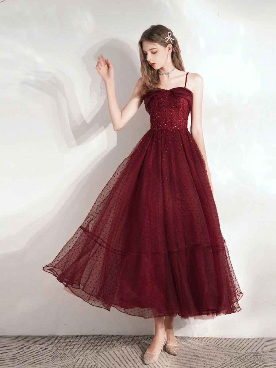 Aline Tea Length Burgundy Prom Dress, Burgundy Homecoming Dress - Deanwangkt