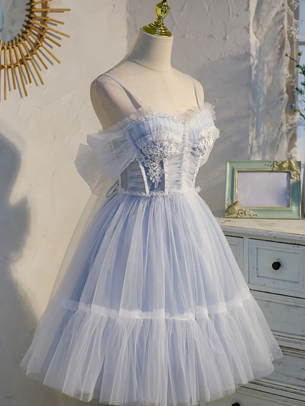 Blue sweetheart neck tulle lace short prom dress blue puffy homecoming dress - Deanwangkt