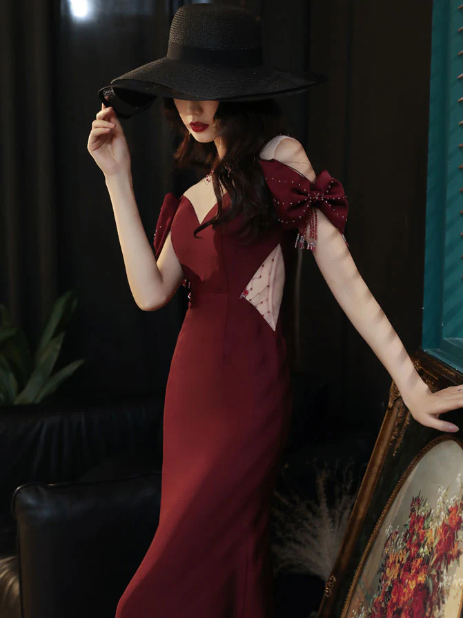 Burgundy Round Neck Satin Mermaid Long Prom Dress Burgundy Formal Dress - Deanwangkt