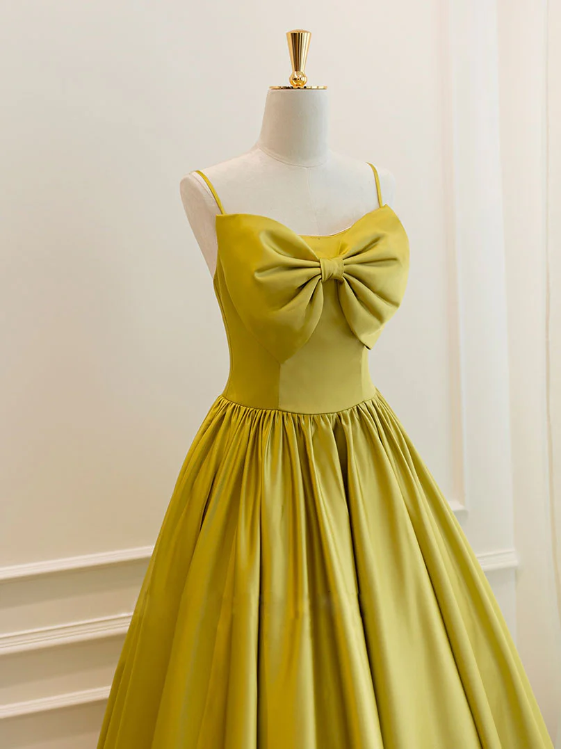 Simple Yellow Satin Tea Length Prom Dress, Yellow Homecoming Dress - Deanwangkt