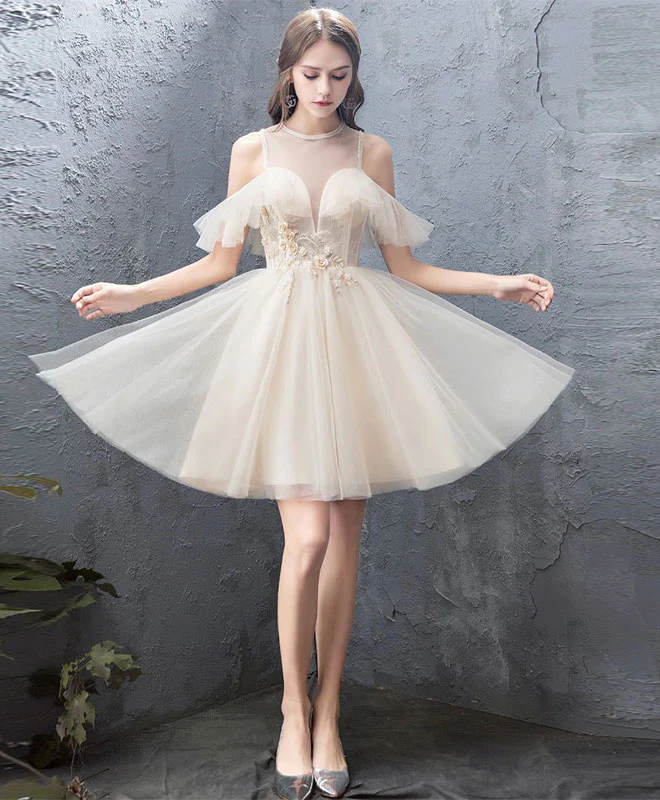 Cute Round Neck Tulle Champagne Short Prom Dress, Homecoming Dress - Deanwangkt