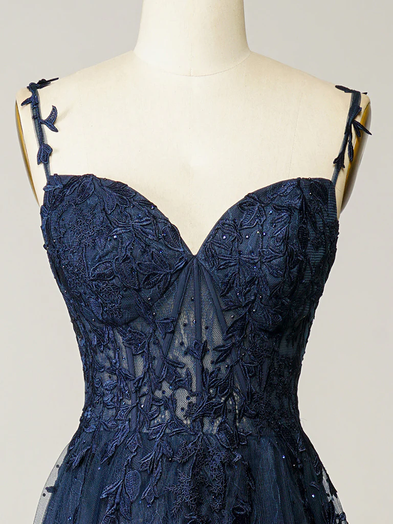 A-Line Sweetheart Neck Tulle Lace Dark Blue Long Prom Dress, Dark Blue Long Formal Dress - Deanwangkt