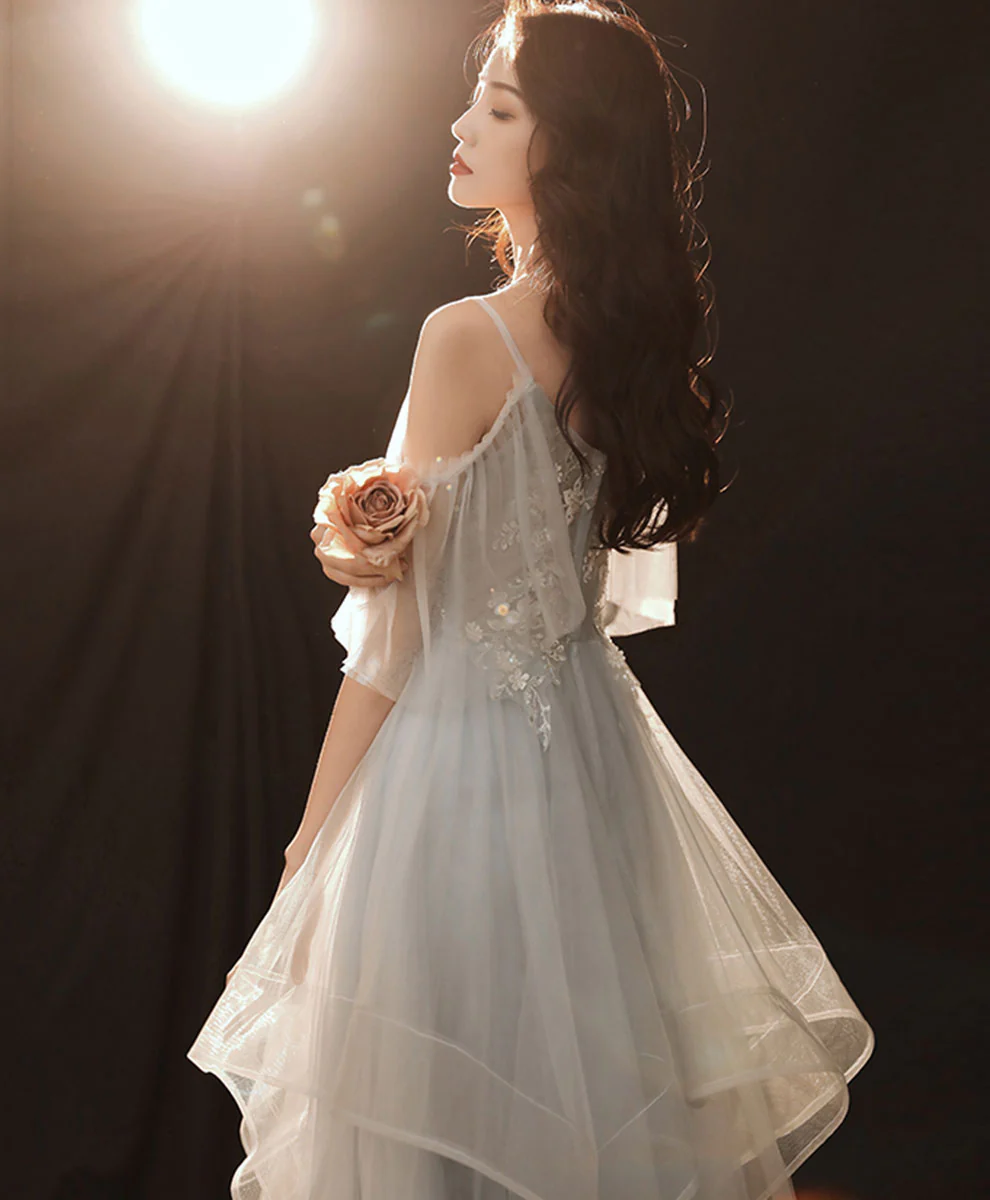 Gray Sweetheart Tulle Lace Short Prom Dress Gray Homecoming Dress - Deanwangkt