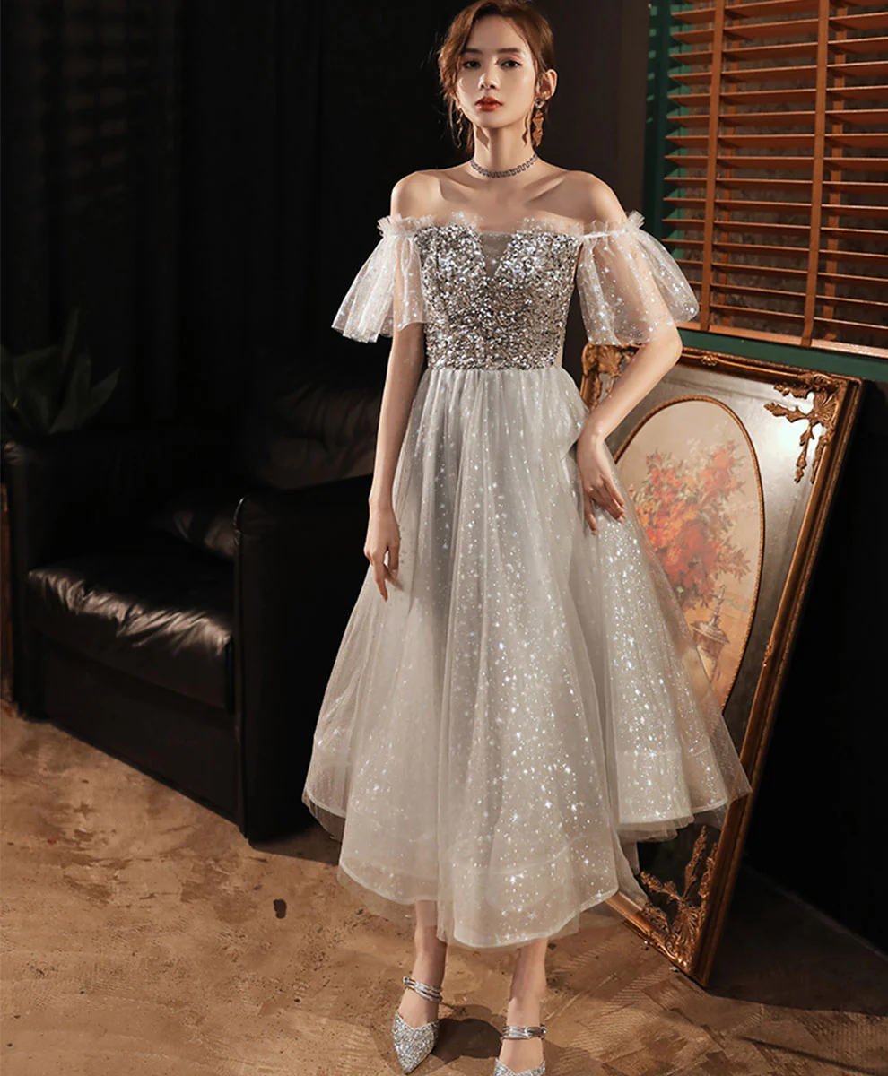 Gray Tulle Sequin Short Prom Dress Gray Homecoming Dress - Deanwangkt