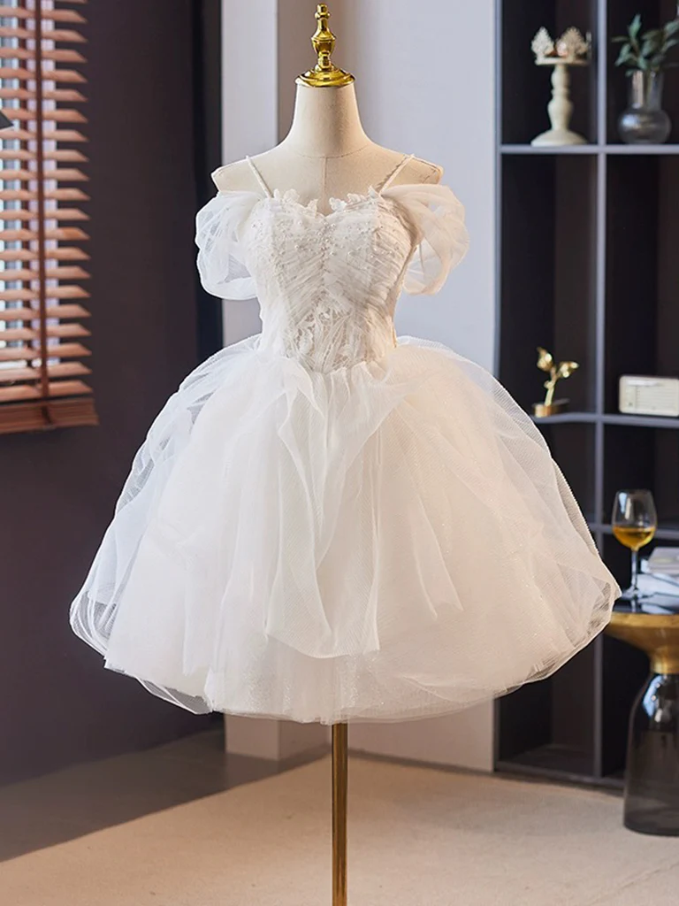 A-Line Off Shoulder Tulle Lace Short Prom Dress, White Homecoming Dress - Deanwangkt
