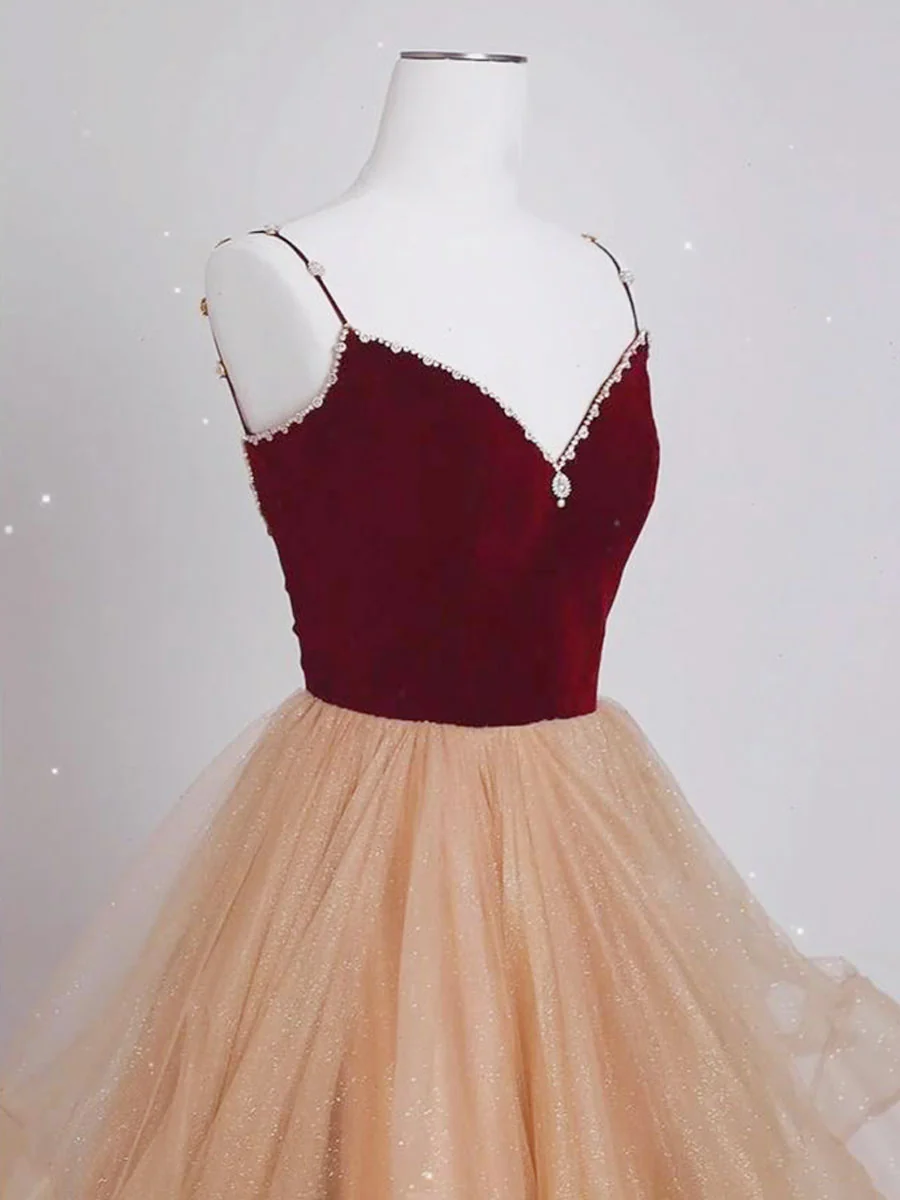 A-Line Champagne Tulle Long Prom Dresses, Velvet Graduation Dresses with Beading - Deanwangkt