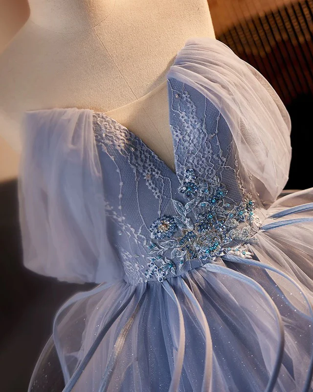 A-Line V Neck Tulle Lace Gray Blue Long Prom Dress, Blue Long Sweet 16 Dress - Deanwangkt
