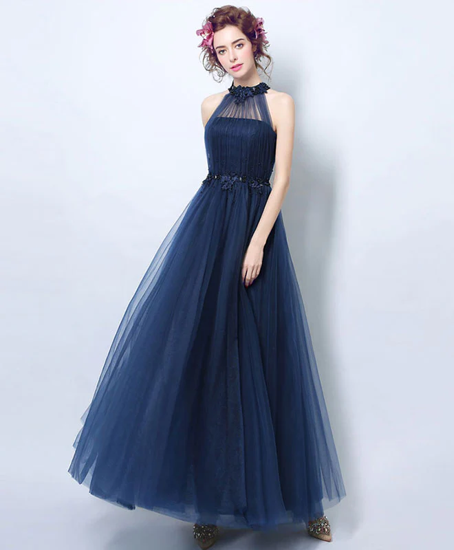 Simple Blue Tulle Tea Long Prom Dress, Blue Evening Dress - Deanwangkt