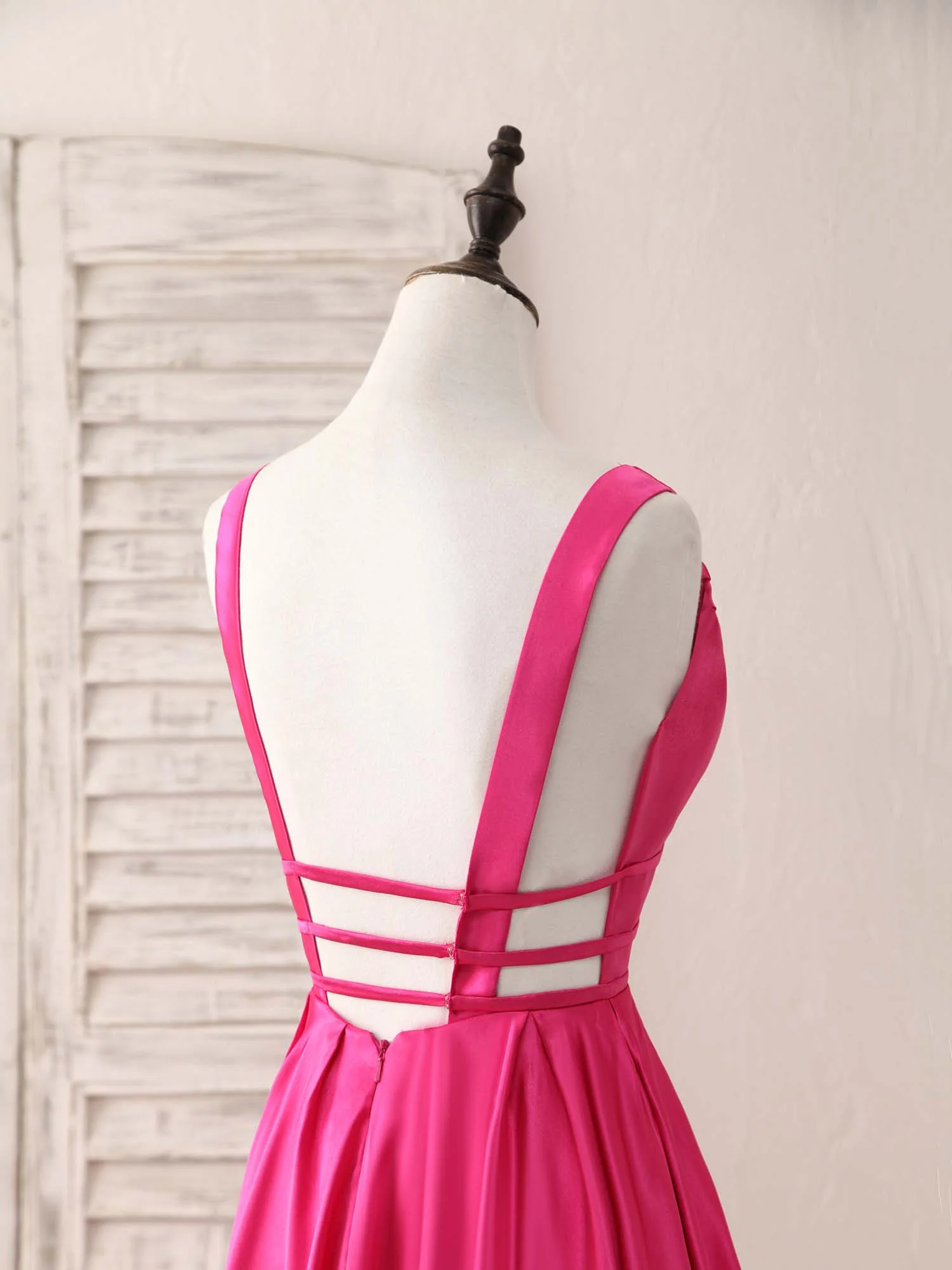 Simple V Neck Satin Long Prom Dress Backless Evening Dress - Deanwangkt
