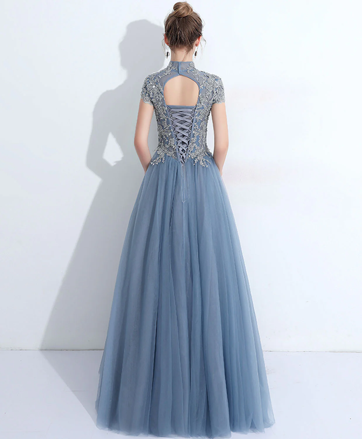 Gray Blue Round Neck Tulle Lace Long Prom Dress, Gray Blue Evening Dress - Deanwangkt