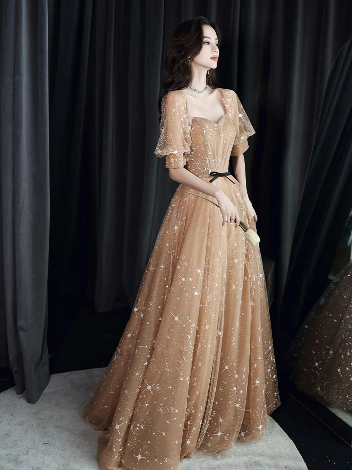 Champagne Sweetheart Tulle Lace Long Prom Dress Lace Evening Dress - Deanwangkt