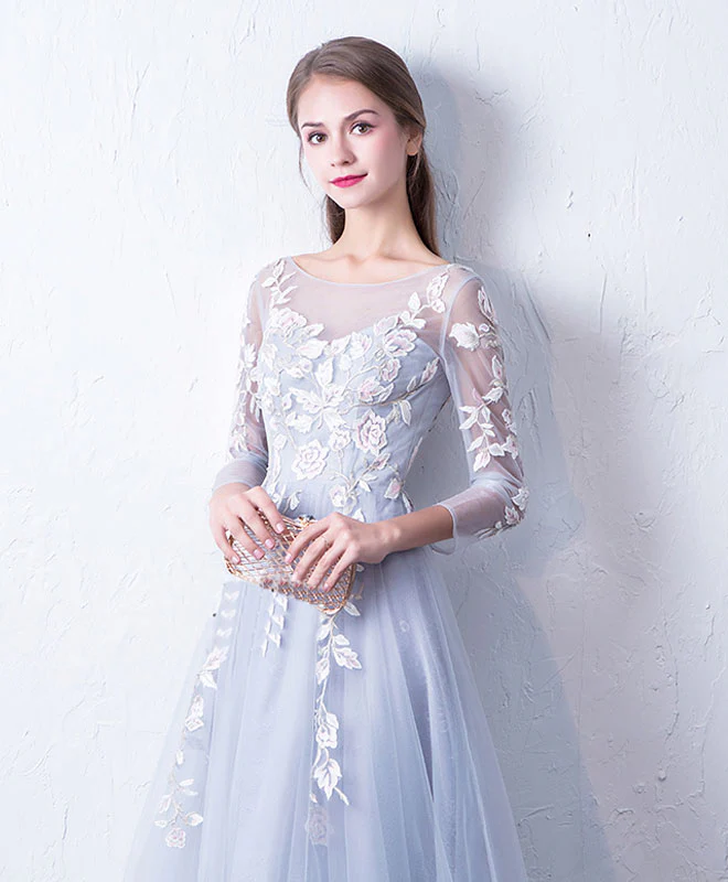 Gray Blue Cute Round Neck Lace Applique Tulle Long Prom Dress, Evening Dress - Deanwangkt
