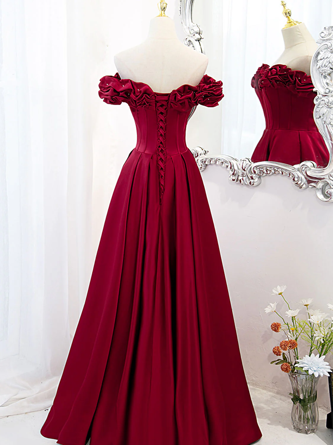 A-Line Off Shoulder Satin Burgundy Long Prom Dress, Satin Burgundy Evening Dress - Deanwangkt