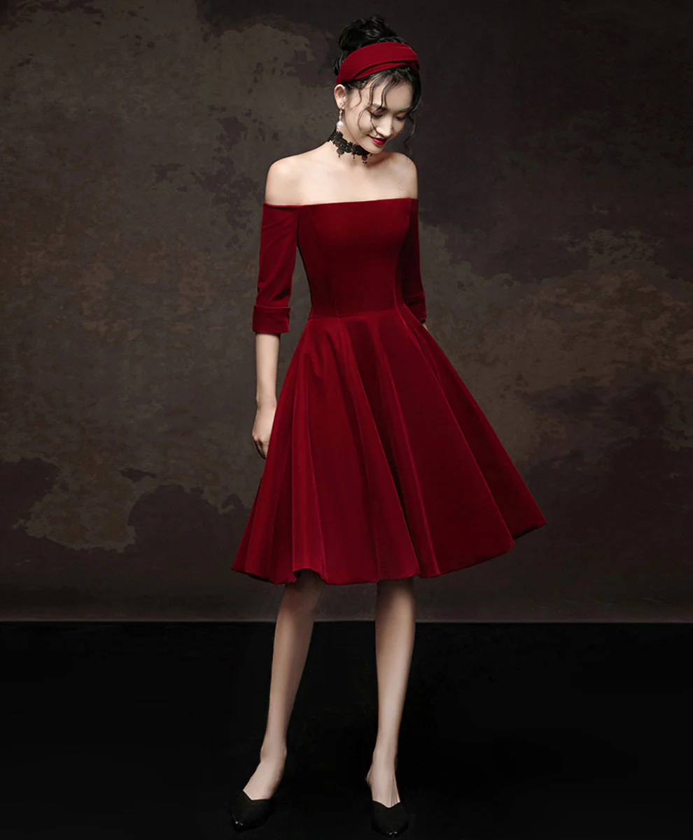 Simple Burgundy Short Prom Dress, Velvet Burgundy Homecoming Dress - Deanwangkt