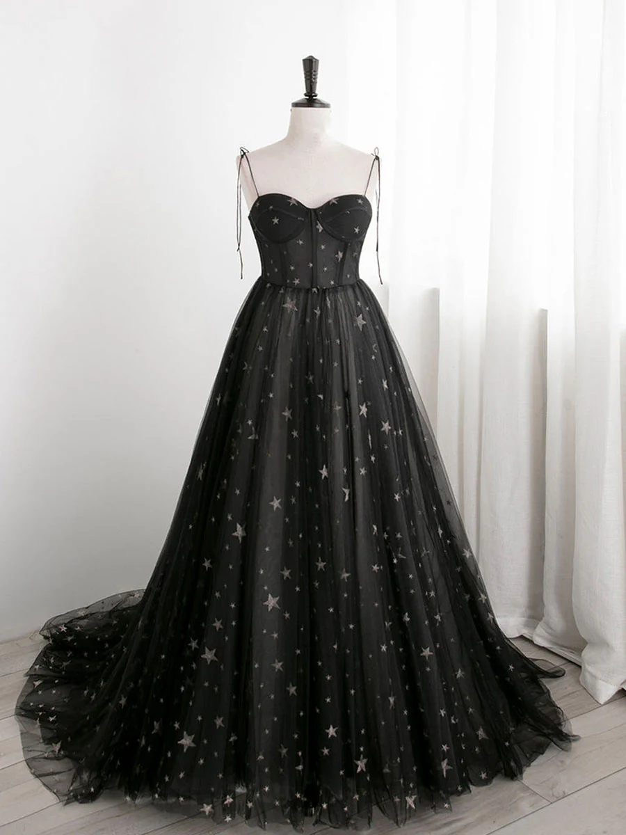 Black A line Sweetheart Neck Tulle Long Prom Dresses, Black Formal Graduation Dresses - Deanwangkt