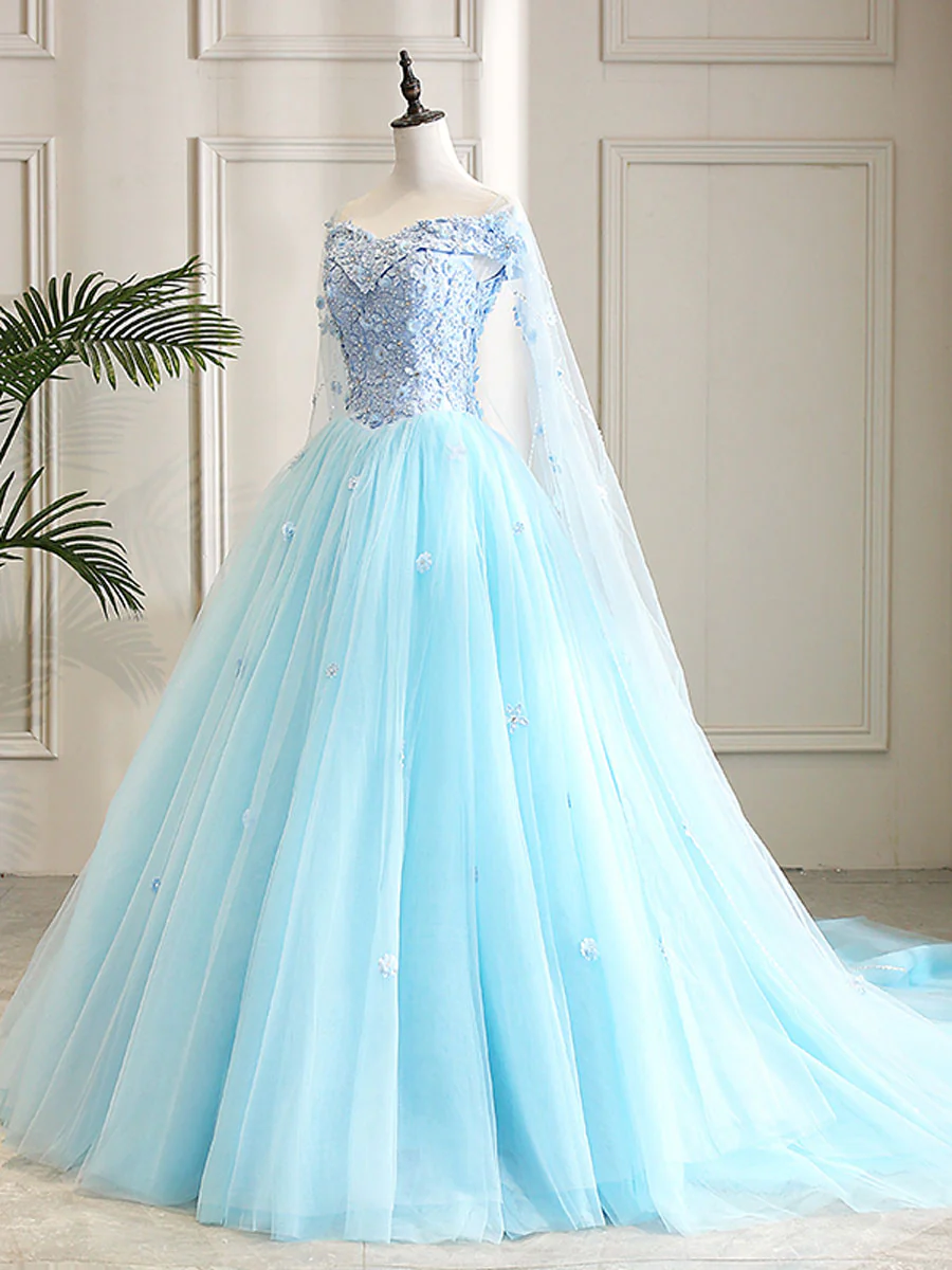 Blue Sweetheart Neck Tulle Lace Long Prom Dress, Blue Evening Dress - Deanwangkt