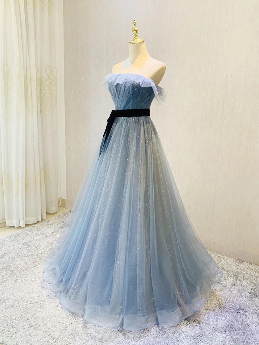 Blue Tulle Sequin Long Prom Dress, Blue Tulle Formal Dress - Deanwangkt