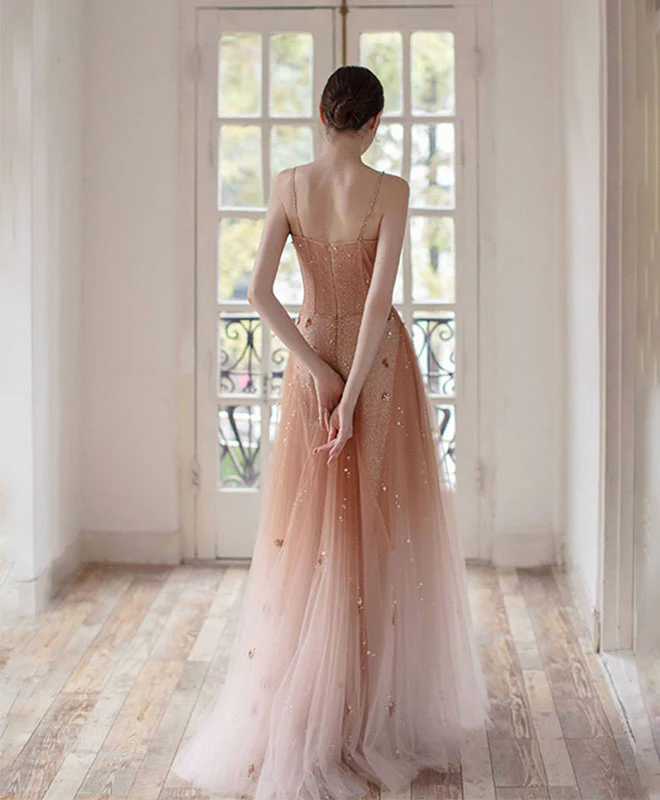 Unique Pink Tulle Long Prom Dress, Tulle Pink Evening Dress - Deanwangkt