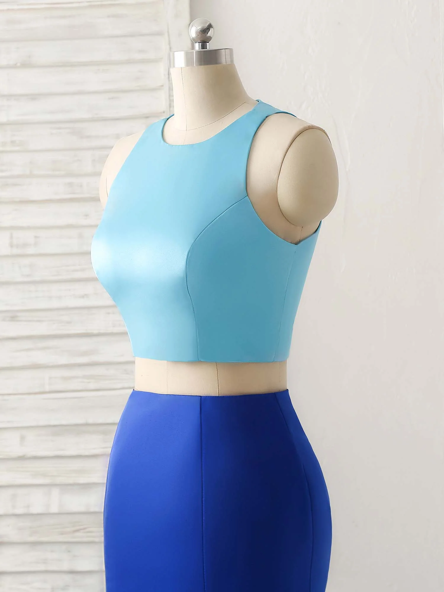 Royal Blue Two Pieces Satin Long Prom Dress, Blue Evening Dress - Deanwangkt