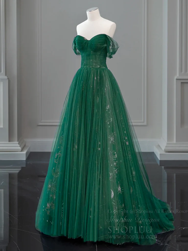 A-Line Off Shoulder Tulle Lace Green Long Prom Dress, Green Long Evening Dress - Deanwangkt