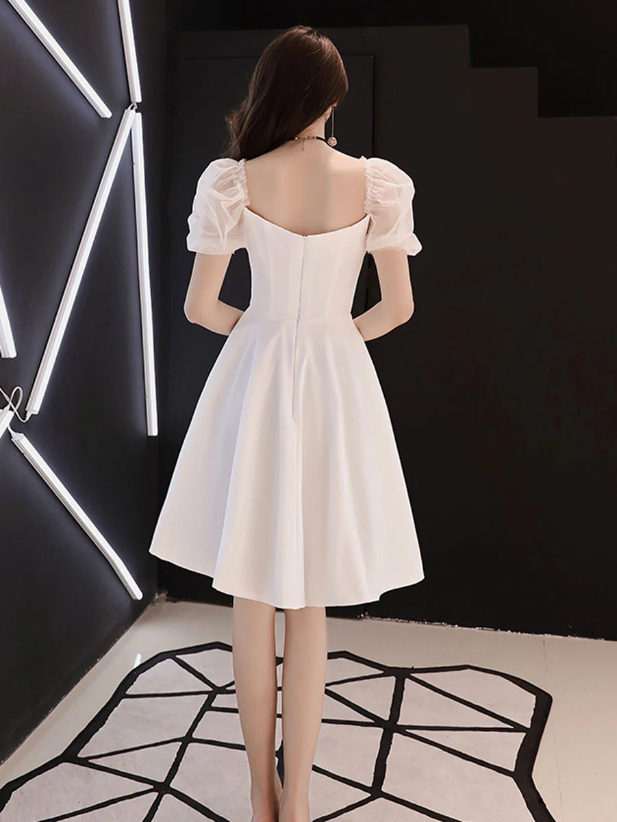 White Satin Short Prom Dress, White Homecoming Dress - Deanwangkt