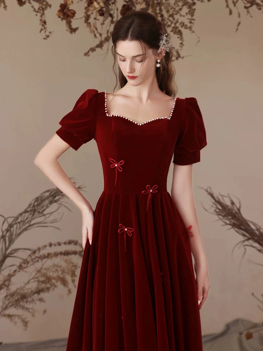 A-Line Velvet Burgundy Long Prom Dress, Burgundy Long Formal Dress - Deanwangkt