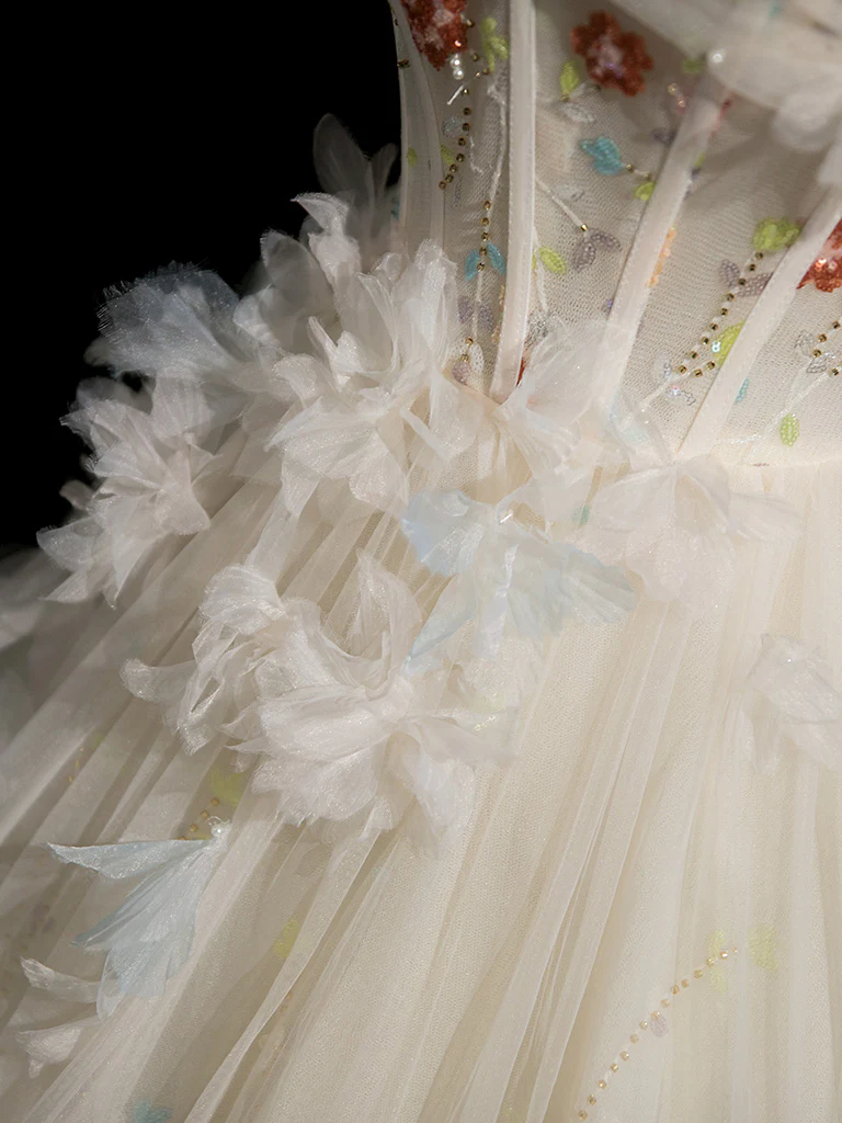 A-Line Sweetheart Neck Tulle Lace Light Champagne Long Prom Dress with Flower - Deanwangkt