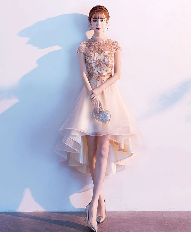 Champagne Tulle Lace High Low Prom Dress, Tulle Homecoming Dress - Deanwangkt