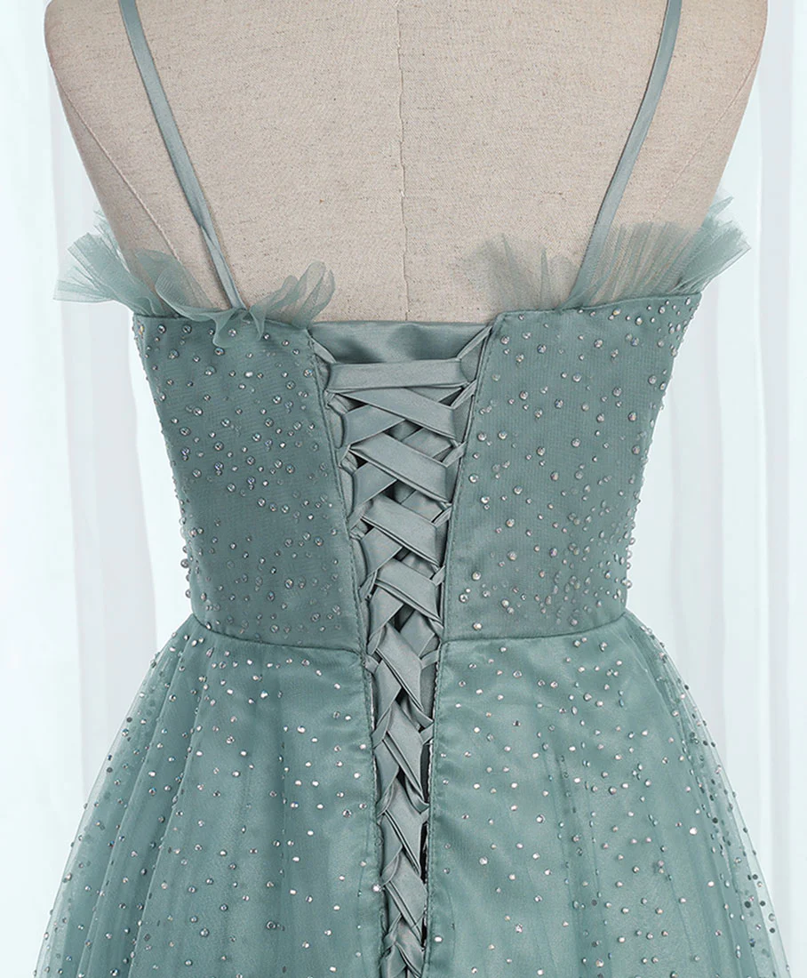 Green Sweetheart Neck Tulle Sequin Long Prom Dress, Tulle Graduation Dress - Deanwangkt